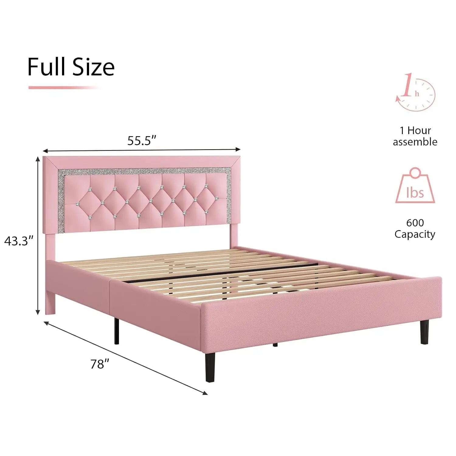Full Size Bed Frame with Tufted Button Headboard,Pink | Upholstered Platform Bed Frame with Diamond Design, Wood, Customized