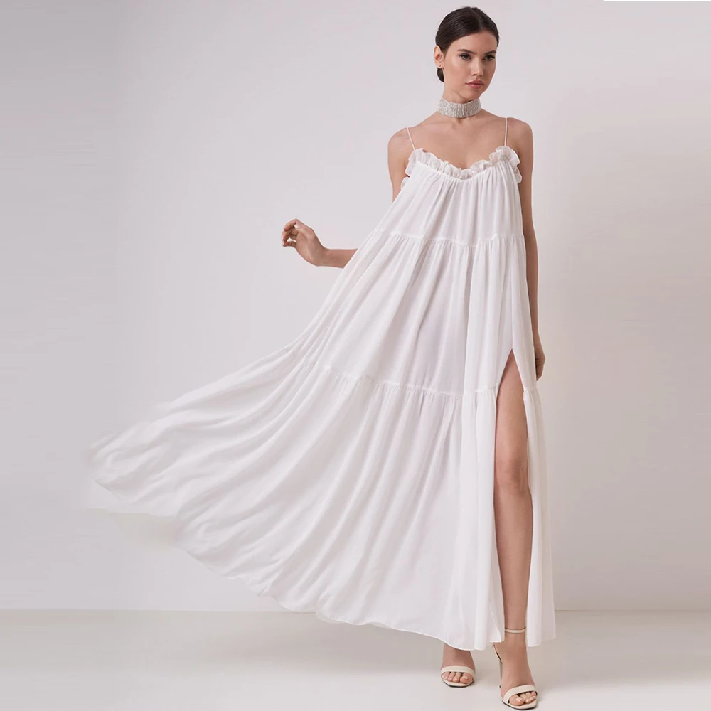 

Modern Gown White Chiffon Ruched Ruffles Engagement Straight Spaghetti strap Gowns for Women 2024 Bride