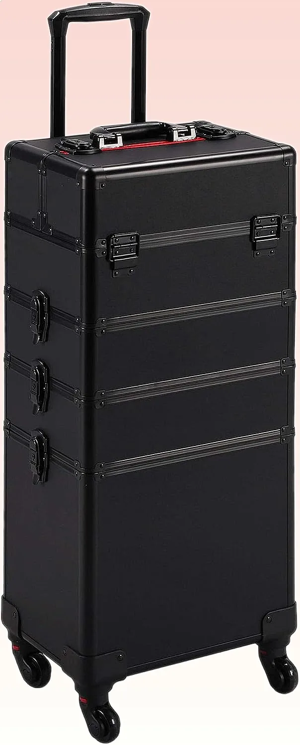 

4-in-1 Professional Makeup Train Case Rolling Cosmetic Organizer with 360° Wheels, Black