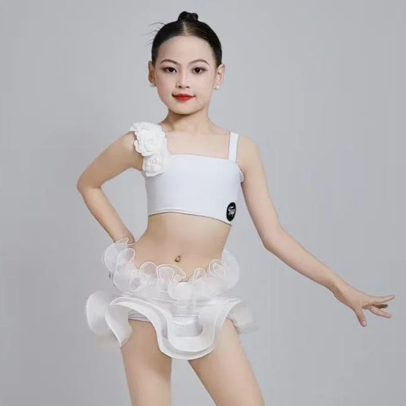 

White Ballroom Dance Professional Suits New Samba Top Ruffled Shorts Girls Latin Clothes Stage Competition Costume SL12849