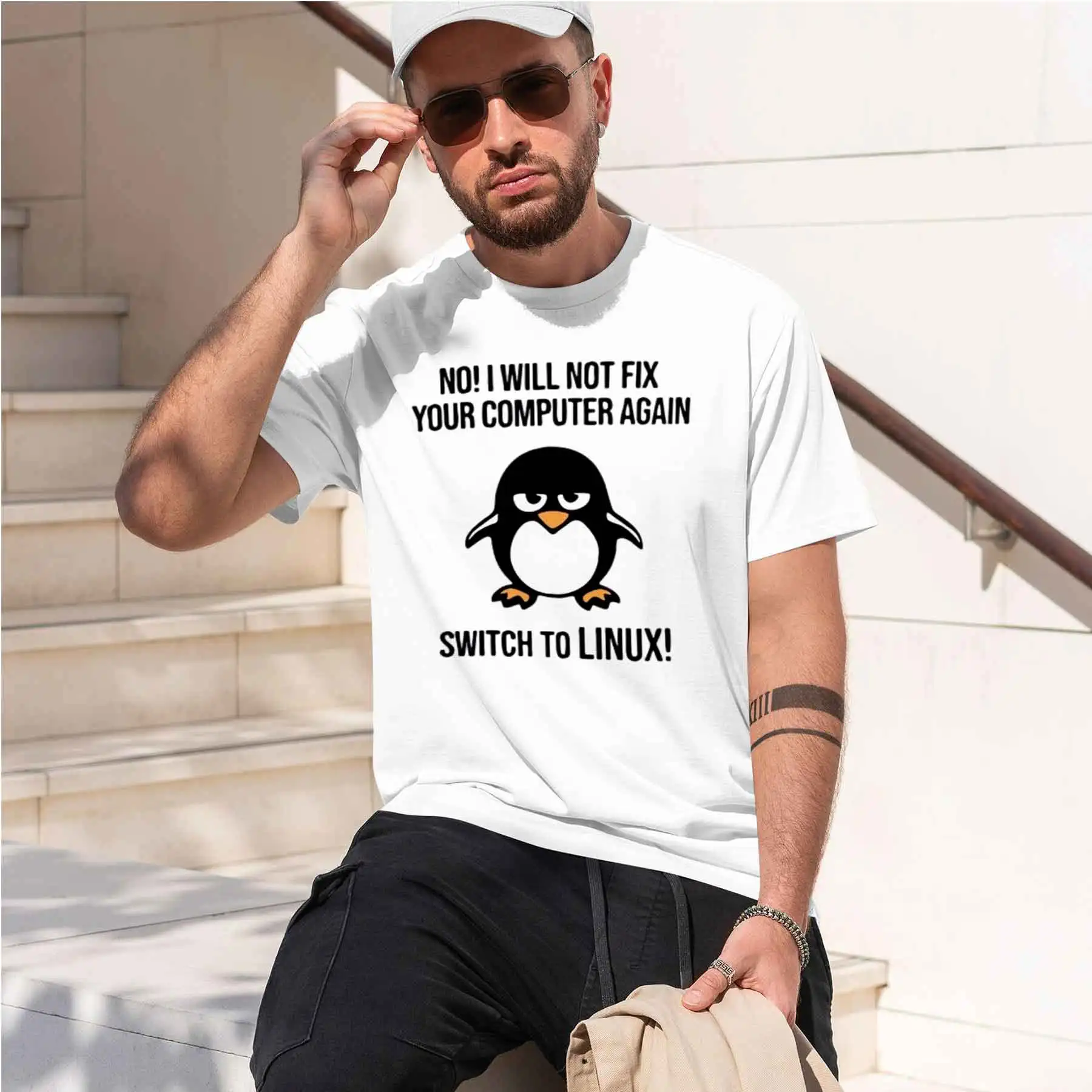 2026 new printed T-shirt Men's Funny Linux Themed T-Shirt Refuse To Fix Computer Creative Print Programmer Geek Top