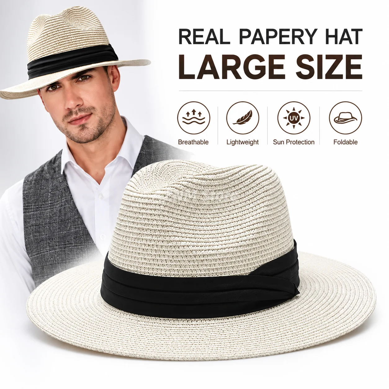 Kapelusz Panama Słomkowy Męski Duży Rozmiar na Dużą Głowę 60cm 64cm Fedora Letni Plażowy Kapelusz Przeciwsłoneczny Składany Kapelusz z Szerokim Rondem Outdoorowy Kapelusz Kowbojski Trilby