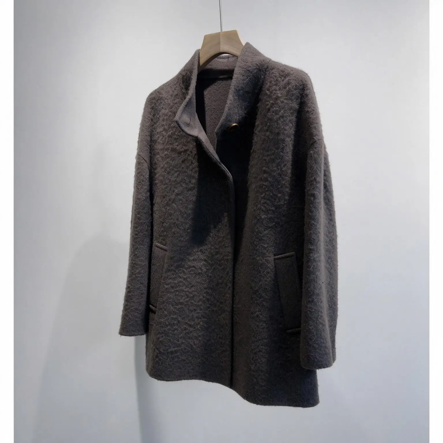 Women Stand Collar Wool Blend Coat Loose Oversized Single Button Solid Warm Winter Outerwear