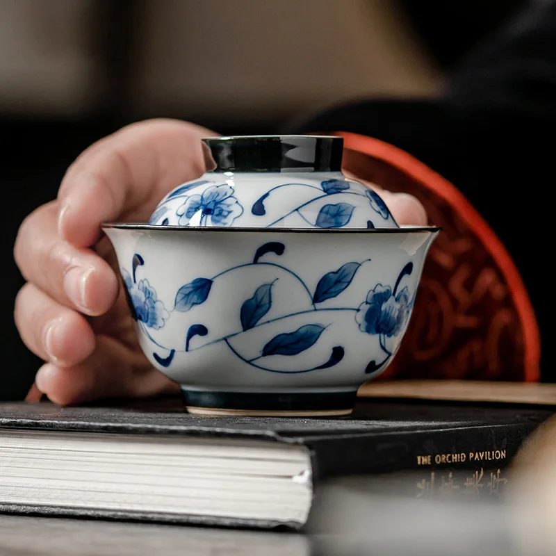 Hand-painted Lotus Cover Bowl Personal Teacup Pot Bearing Ceramic Household Kung Fu Tea Set Under Glaze Color New Chinese Style