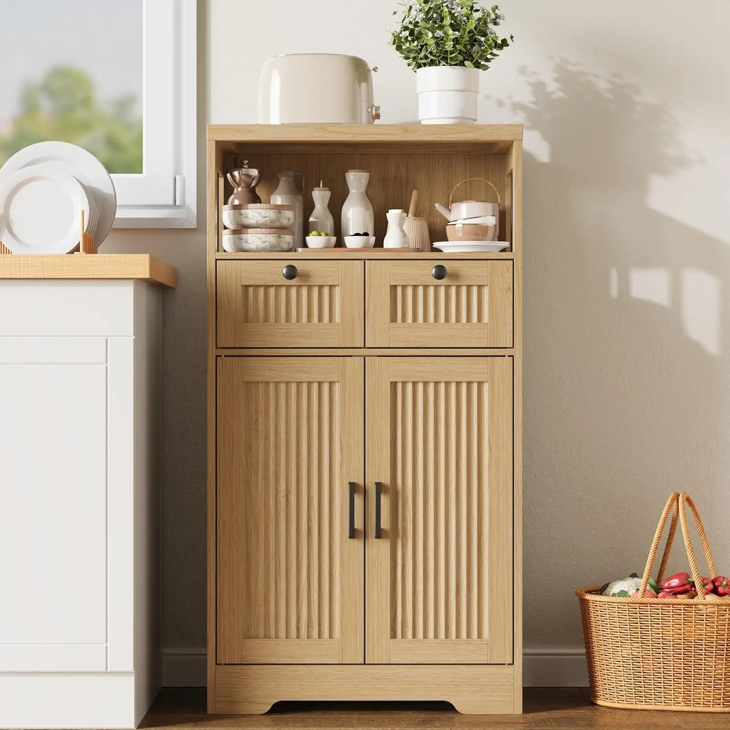 

Fluted Wood Cabinet Adjustable Shelf Pantry Kitchen Livingroom Bathroom Laundry Oak, Customized
