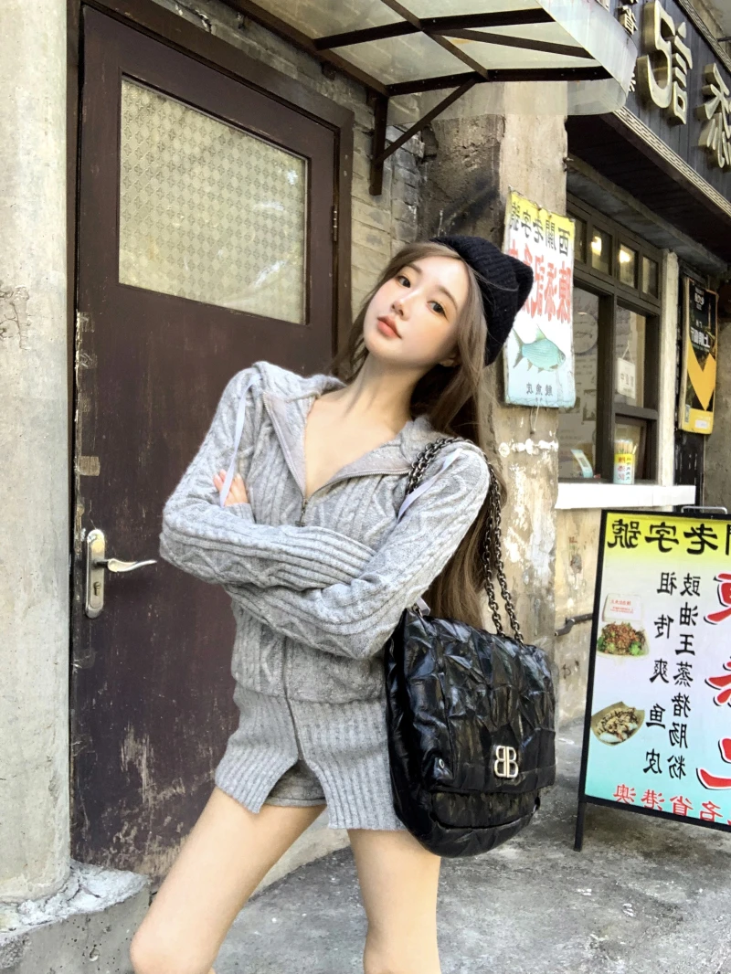 

2024 Korean Fashion Autumn New Women Two Piece Sets Knitted Hooded Long Sleeve Sweater Cardigans + High Waist Slim Mini Shorts