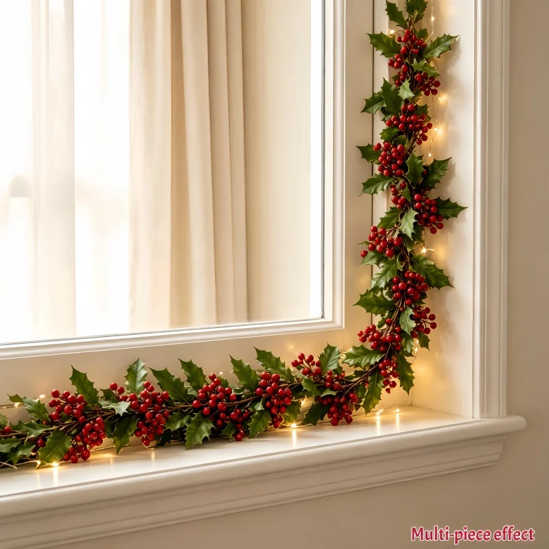 2 stuks kunstmatige kerstkrans rode poinsettia holliebladeren rode bessen flexibele wijnstok kerstmantel deuropening trap feestdagen