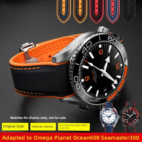 Imagen 1 del producto Correa de nailon curvada para Omega Planet Ocean 600, correa de silicona Seamaster 300 Speedmaster de 20mm, 21mm, 22mm, pulsera negra y naranja para hombre