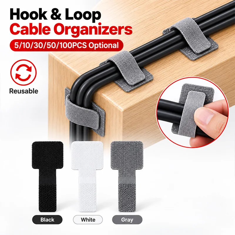 5/10/30/50/100PCS Self Adhesive Reusable Cable Ties Adjustable Hook Loop Cord Organizer Straps for Desk Home Office Management