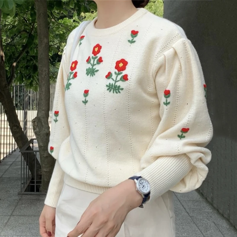 Vintage O Neck Embroidered Flowers Sweet Pullover Sweaters Simple Puff Sleeve Loose Casual Knit Tops Korean Style Sueter Mujer