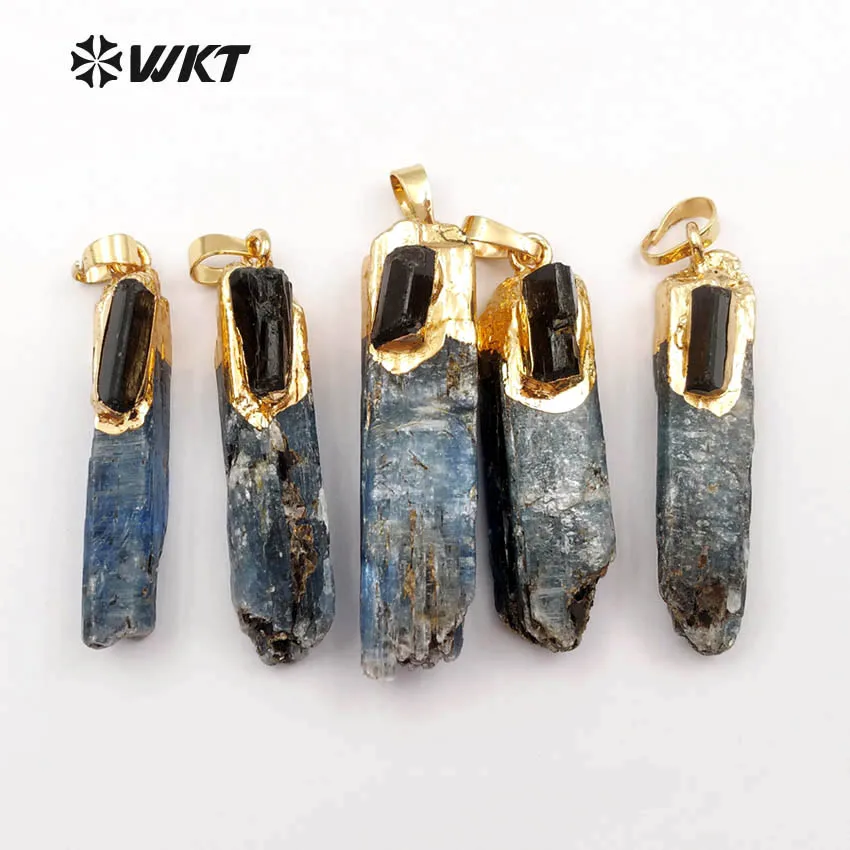 WT-P1391 Wholesale Special Fashion Natural blue kyanite with black tourmaline charm with Electroplated Women Jewelry Making