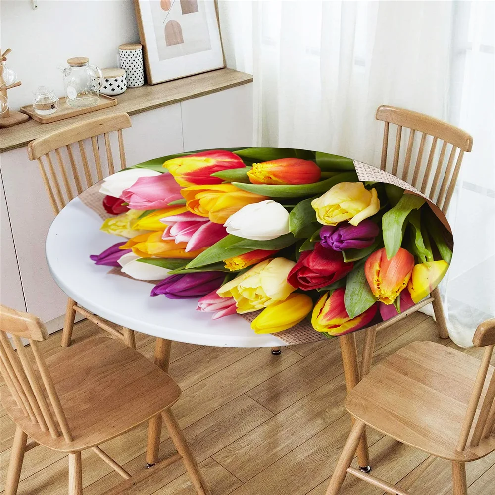 New Flower Round Tablecloth Waterproof Elastic Edged Round Fitted Table Cover for Indoor Outdoor Dinning Desk Decor