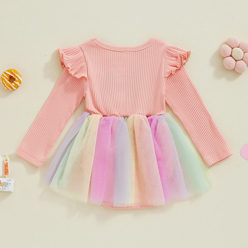 Baby Girl Birthday Romper Dress Letter Embroidery Long Sleeve Crew Neck Colorful Tulle Jumpsuit