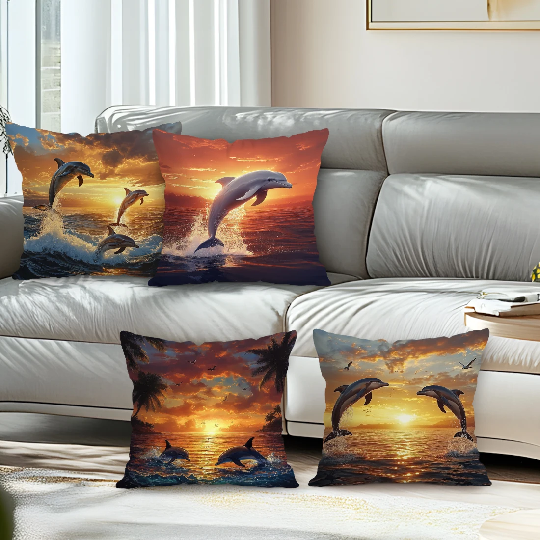Dolphins And Sunset Cushion Pillowcase Printed Polyester 45x45cm Throw Pillowcover Decorative Sofa Cushion Pillowslip Home Decor