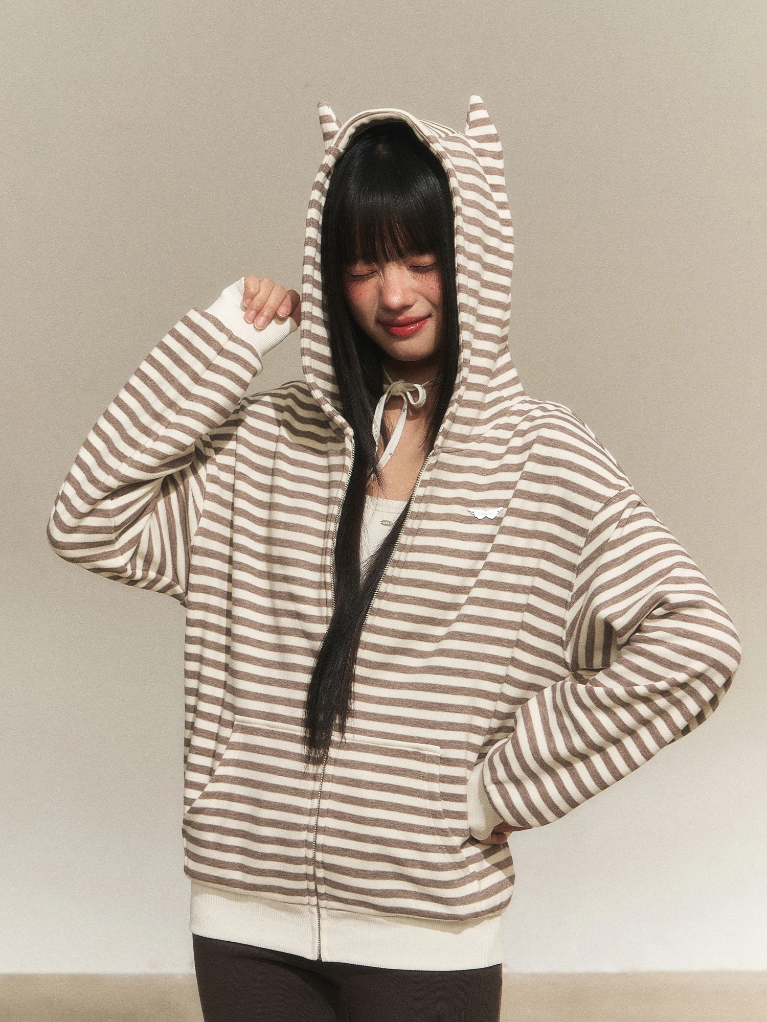 

Wedhub Casual Striped Hoodie Jaet Women's Loose Fit Spring New Sle Ear Pattern Comfortable Feel Long Sve Zipper