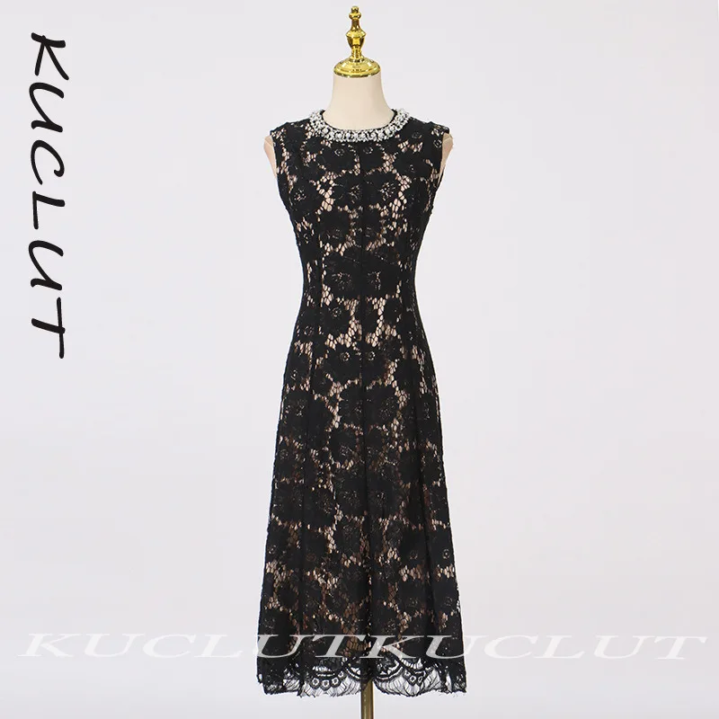 Kuclut moda novos itens indústria pesada vestido feminino elegante renda gancho flor oco volta zíper sem mangas vestidos femininos k441