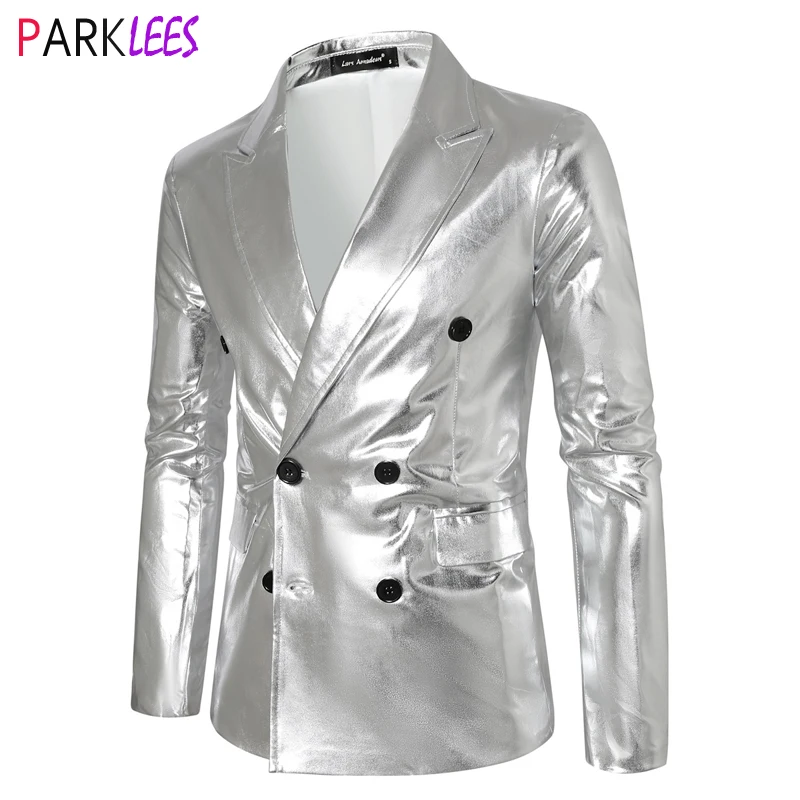 Mens Shiny Metallic Double Breasted Suit Jacket Brand Slim Fit Notched Lapels Dress Blazers Nightclub Party Stage Costume Homme