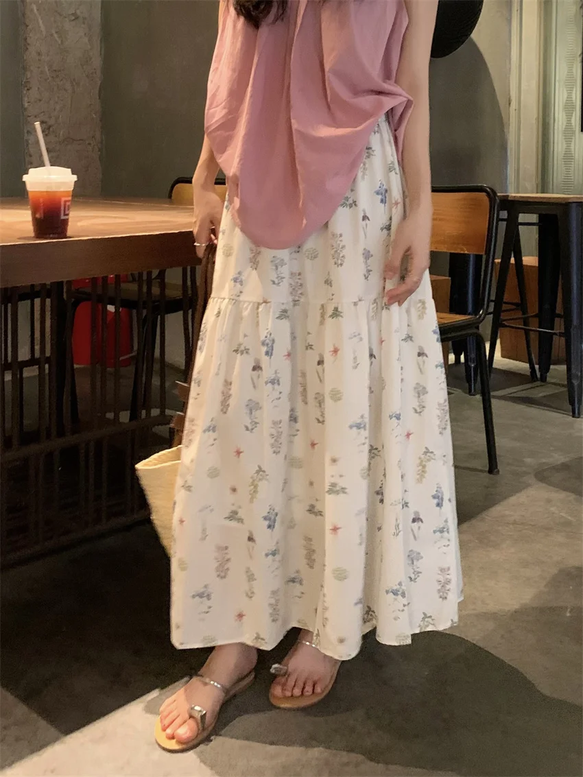 

Alien Kitty Sweet Summer A-Line Long Skirts Chic Loose Florals New Fashion 2024 High Street Casual All Match Daily Slim Gentle