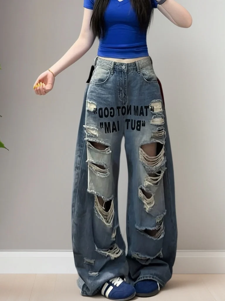 

Retro Thin Casual Letter Hole Denim Pants High Waist Slim Loose Wide Leg Long Pants Women's Fashion Spring 2026 Breathable