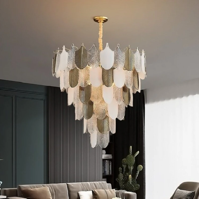 Postmodern Light Luxury Duplex Main Living Room Chandelier Simple Atmosphere Creative French Luxury Leaves Dining Room Lamps