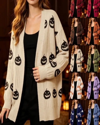 Halloween Pumpkin Jacquard Autumn-Winter Loose V-Neck Cardigan for Women