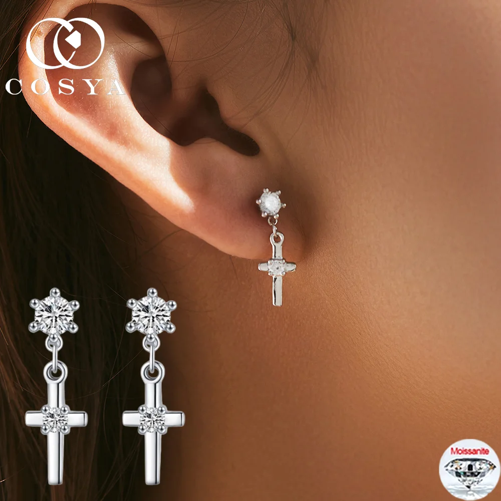 

COSYA 4MM Full Moissanite Cross Pendant Earrings For Women Men 100% S925 Silver D VVS1 Lab Diamond EarStud Party Fine Jewelry