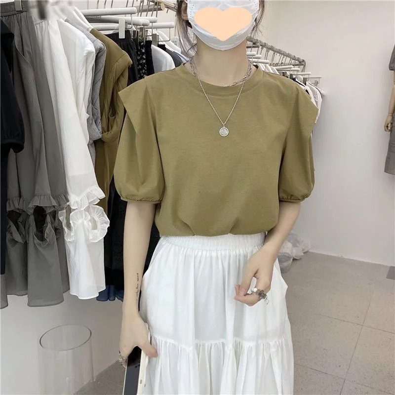 

Women Round Neck Solid Color Puff Sleeve Shirts Summer Loose Comfy Pullover Top