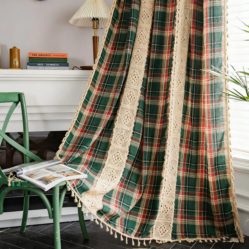 Christmas Buffalo Plaid Window Curtain Rod Pocket Semi Sheer Crochet Lace Curtains for Bedroom Living Room Farmhouse Decorations