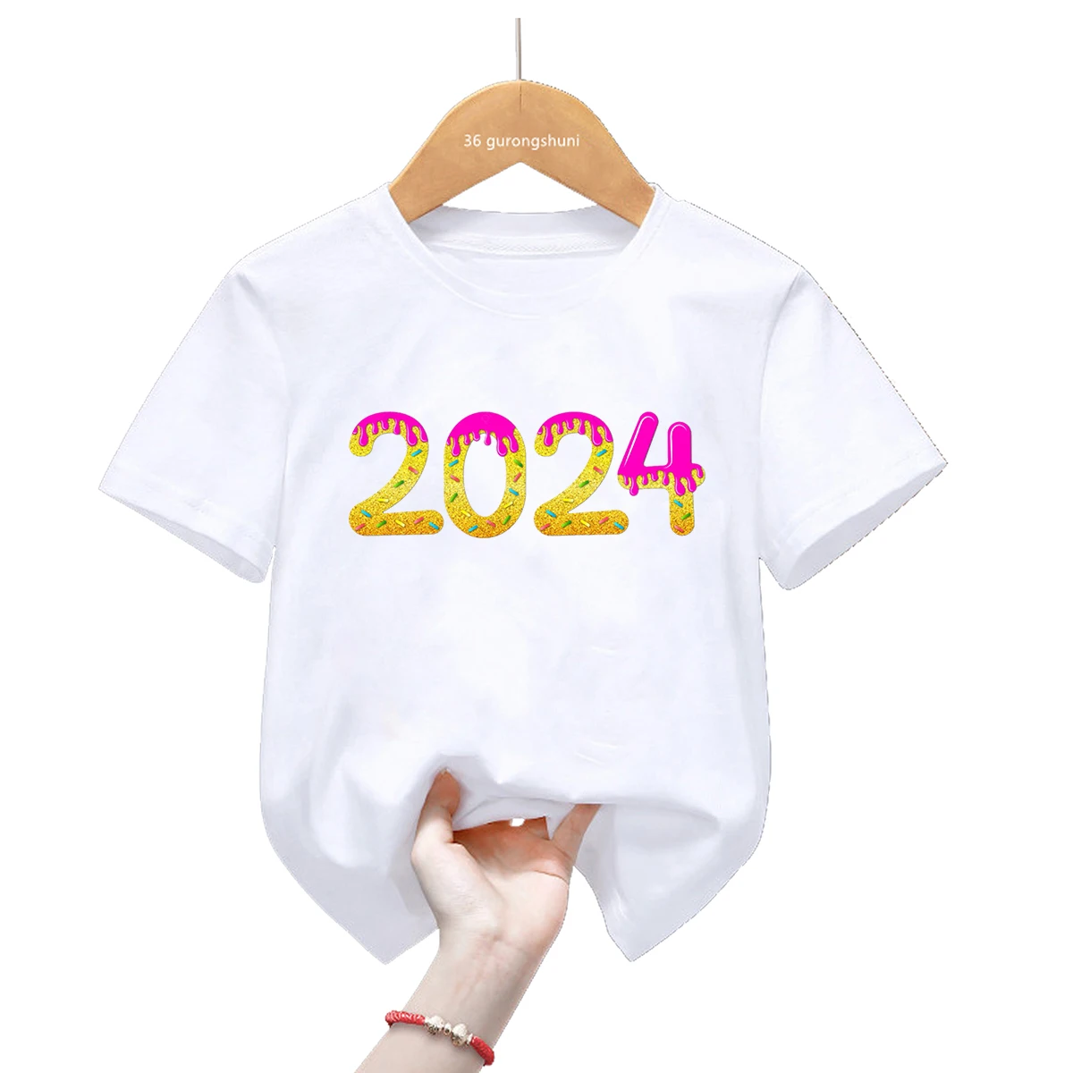 Hello 2024 Donut T Shirt Happy New Year T-Shirt Kids Clothes Unisex Boys Girls Tshirt Family Party Short Sleeve T-Shirts Top