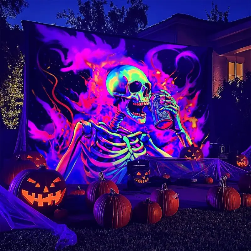 VIKAMA UV Fluorescent Drinking Skeleton Tapestry Glow Flame Halloween Skull Wall Hanging Bedroom Party Decor