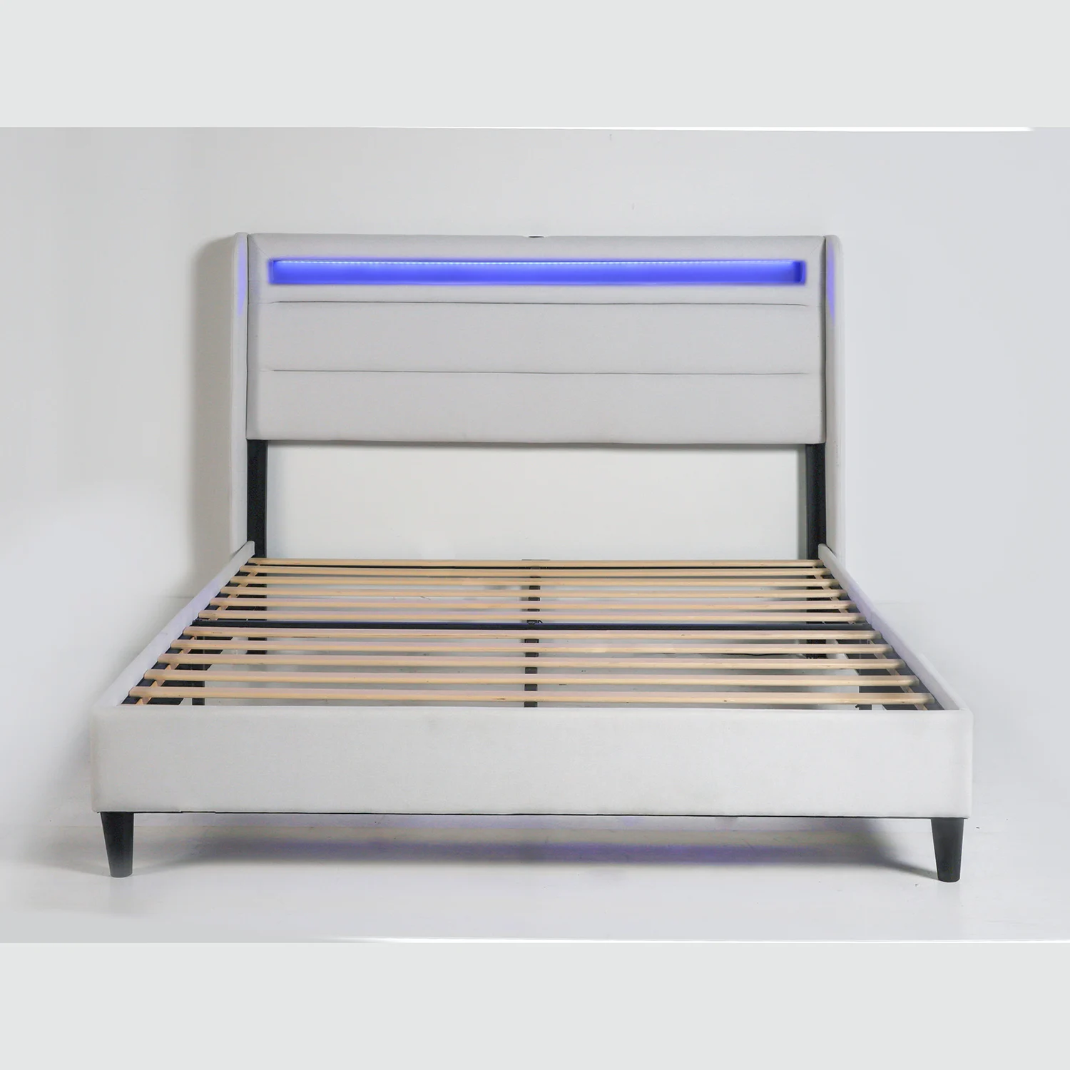 Heavy Duty Wood Slats Queen Bed Frame With LED Lights Modern Style Fabric Double Upholstered Bed