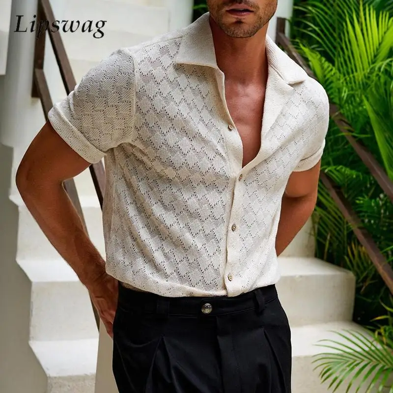 

Summer Breathable Hollow Out Knit Shirt For Men Outdoor Casual Solid Color Buttoned Lapel Shirts Mens Vintage Short Sleeve Shirt