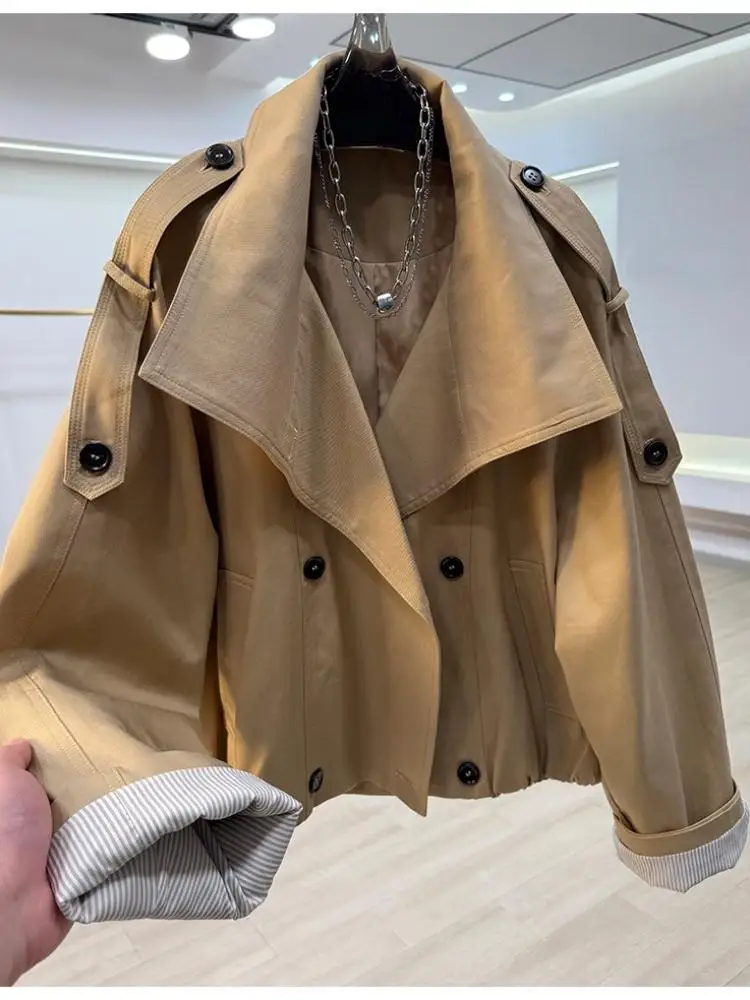 Women Cropped Trench Coat 2026 New Wide Lapel Elegant British Oversized Casual Short Outerwear Ladies Fashion Jacket Tops