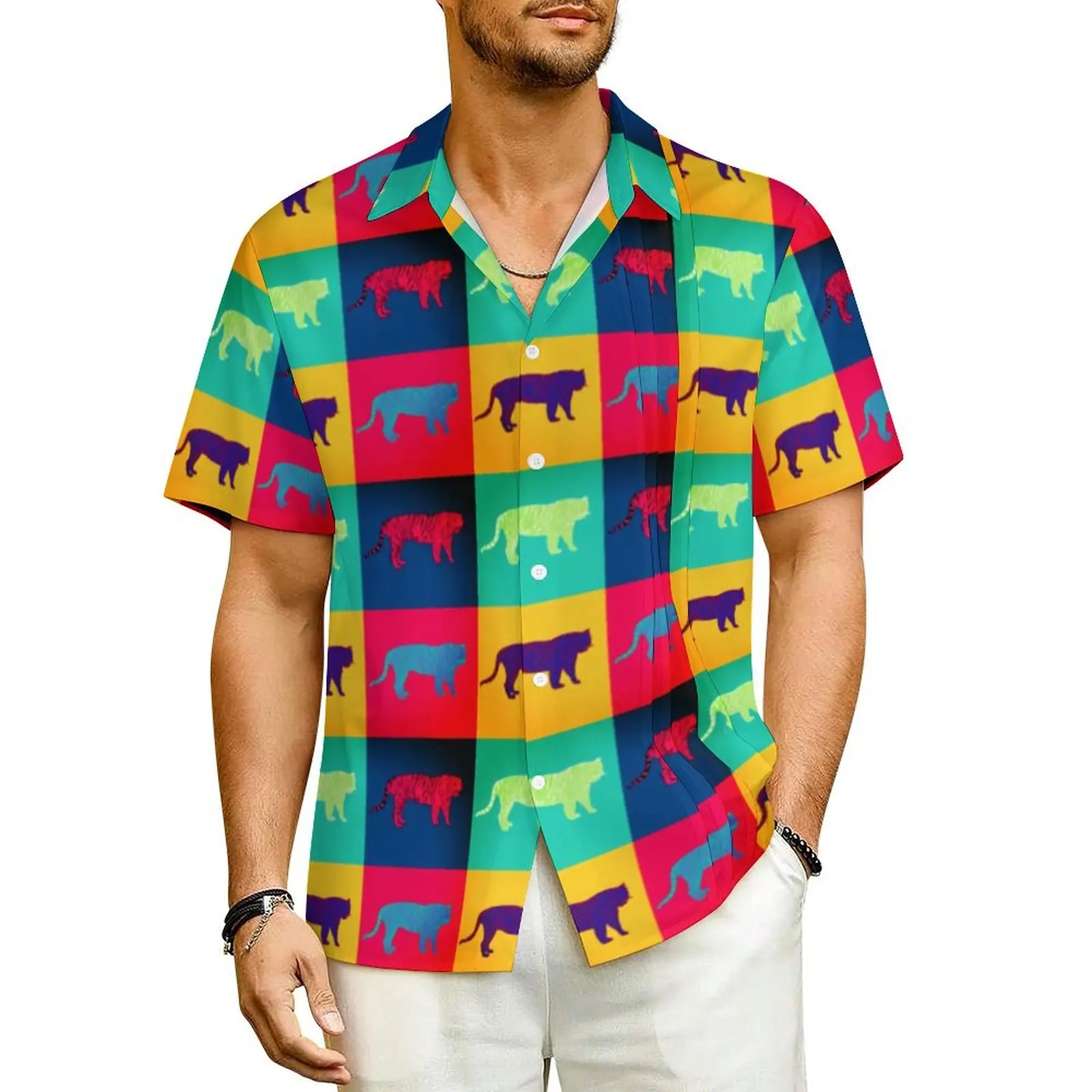 

Pop Art Style Beach Shirt Men Tigers Print Loose Casual Shirts Hawaiian Short Sleeve Breathable Design Oversize Blouses Gift