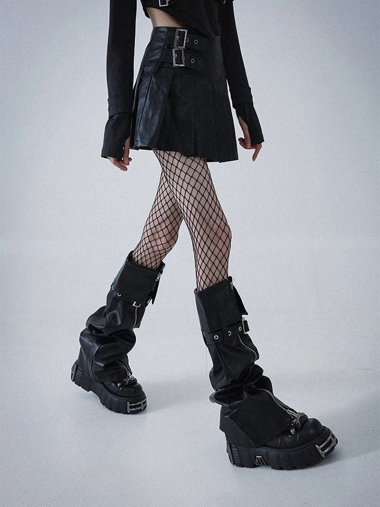 IMU Rokku Gyaru Leather Leg Warmers Black 2-Way Belted Fold Over Zip Up Boots Cover Moto Punk Vintage Women Streetwear