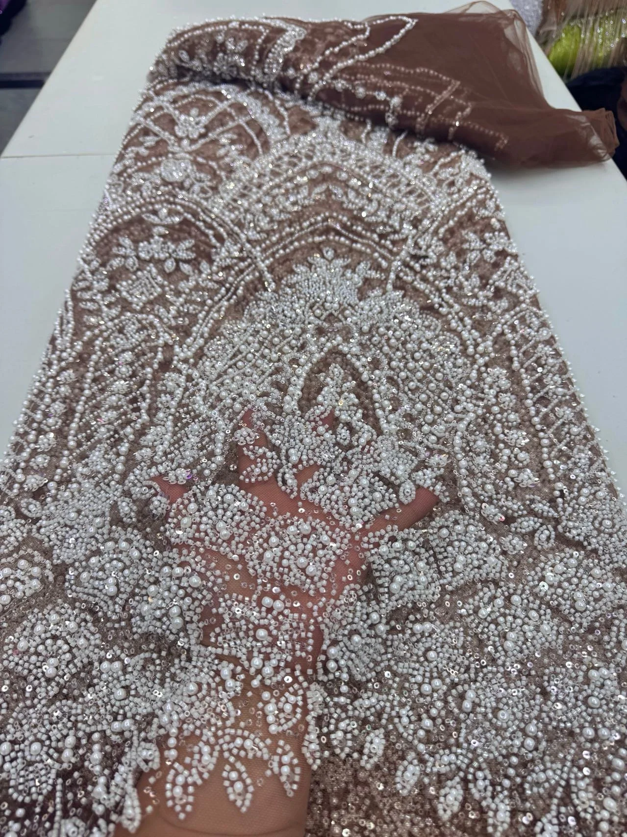 2027 African Nigerian High-Quality Tulle Lace Fabric with Beads Stone Embroidery Sequins for Prom Dresses Sewing 5 Yards JY566