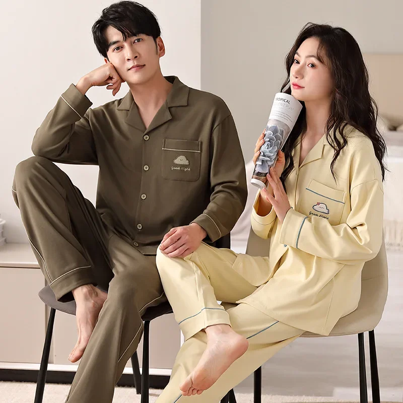 Cotton Couple Pajamas Spring Cotton Long Sleeve Man And Woman Autumn Cardigan Homewear Big Size M-3XL Pjs Young Boy Girl Pyjamas