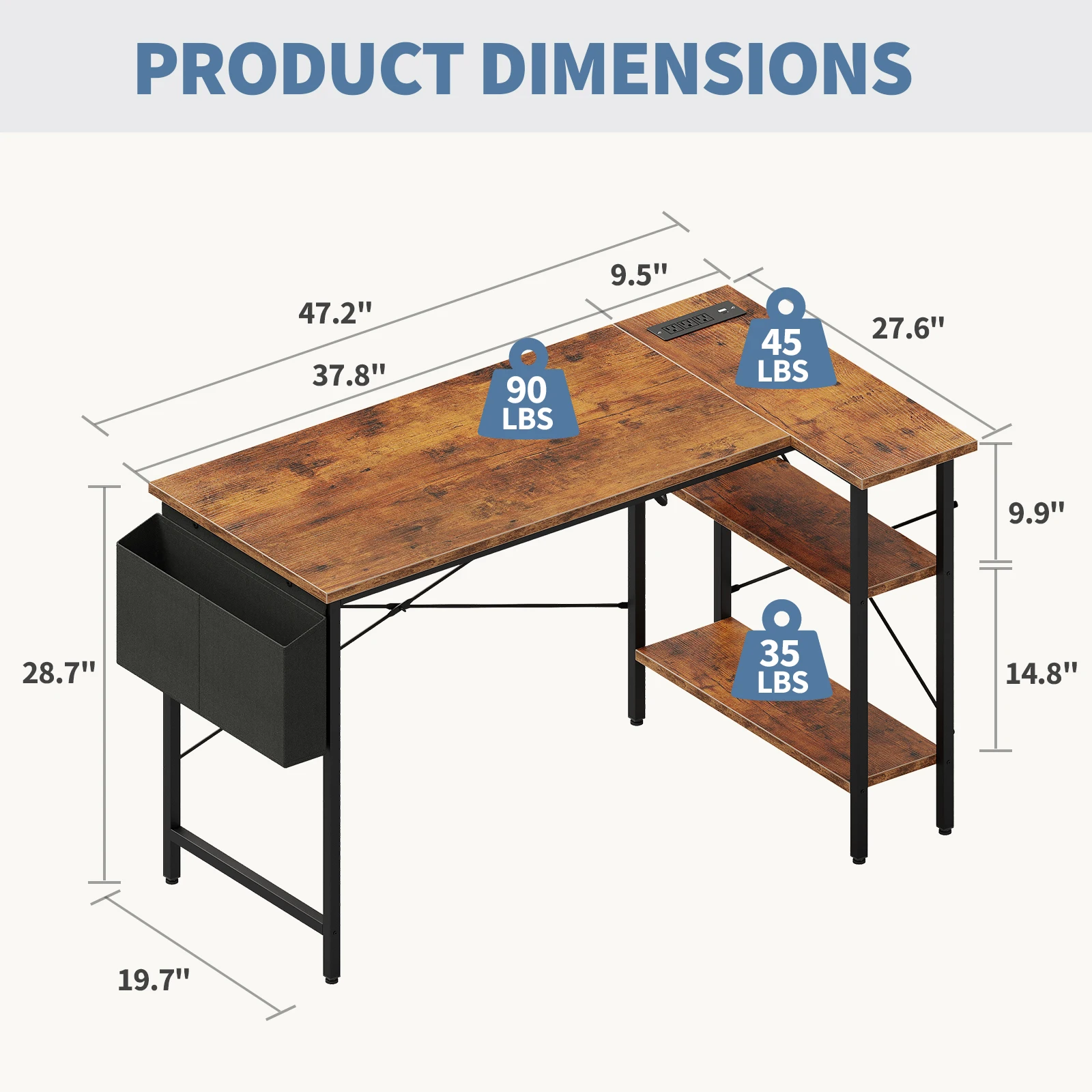 JHK 39IN L Shaped Corner Gaming Desk Computer Desk with Power Strip Storage Shelves Side Hanging Fabric Organizer for Office