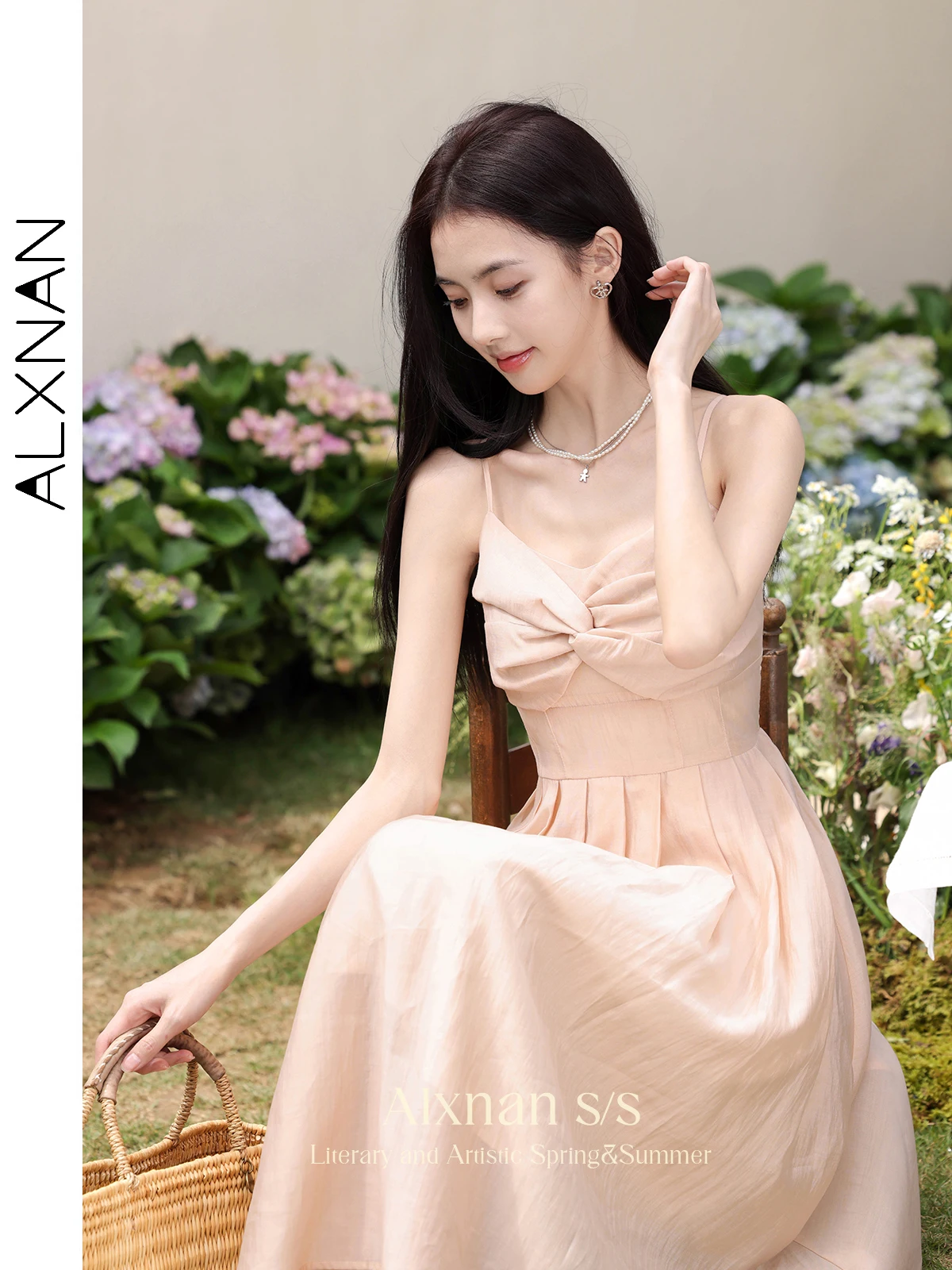 ALXNAN Sexy Elegant Knot Front Long Dress for Women 2024 Summer New Frenchy Smoked Back Fitted Flared Slip Dress Female L35302