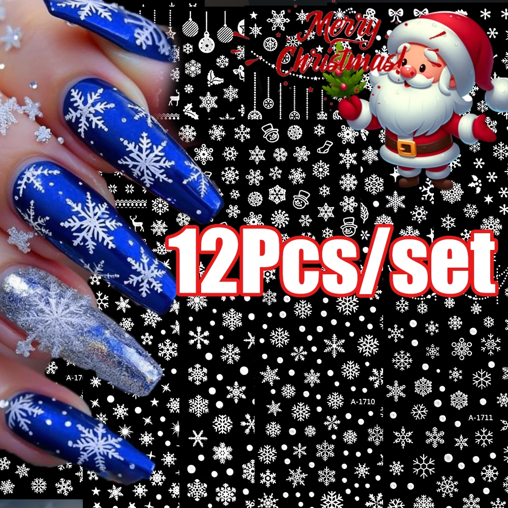 12 Pz/kit 3D Natale Fiocchi di Neve Bianchi Adesivi per Unghie Misto Hollow Fiocco di Neve Decalcomanie per Unghie Autoadesive Fiocco di Neve di Natale Slider