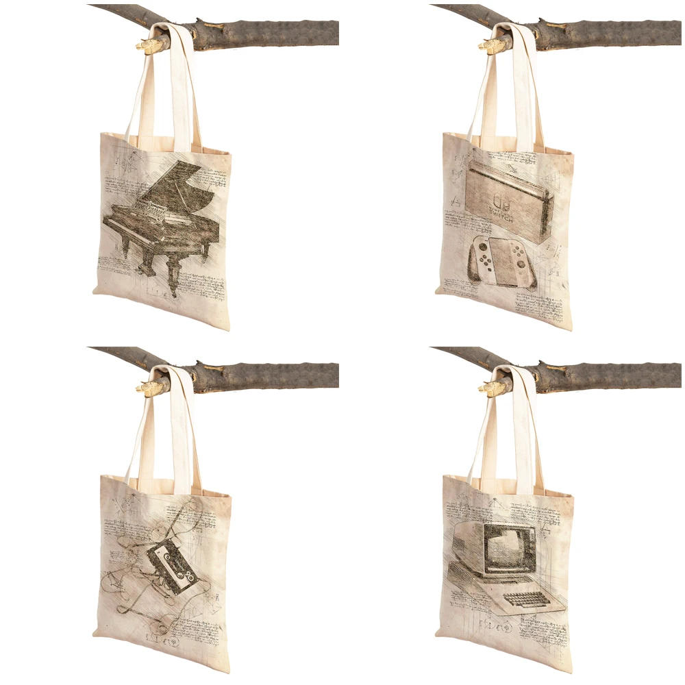 Vintage Sketch Video Game Women Shopping Bags Double Print Casual Canvas Handbag Art Gamer Shoulder Shopper Bag Lady Tote