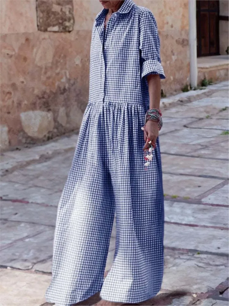 Women Plaid Jumpsuit Stylish Check Print Women's Jumpsuit With Long Sleeves Wide Legs Casual Loose Fit For Comfort For Easy