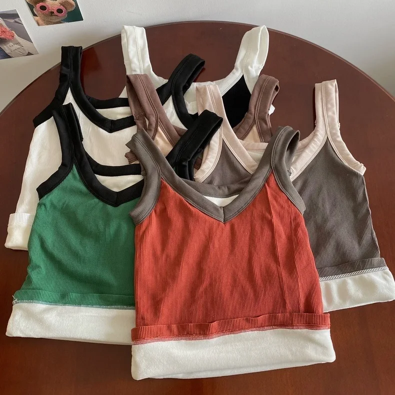 Women's Fleece Lined Thickened Small Strap Vest Integrated Warm Underwear with Chest Pad Base Layer Short Pure Color Design