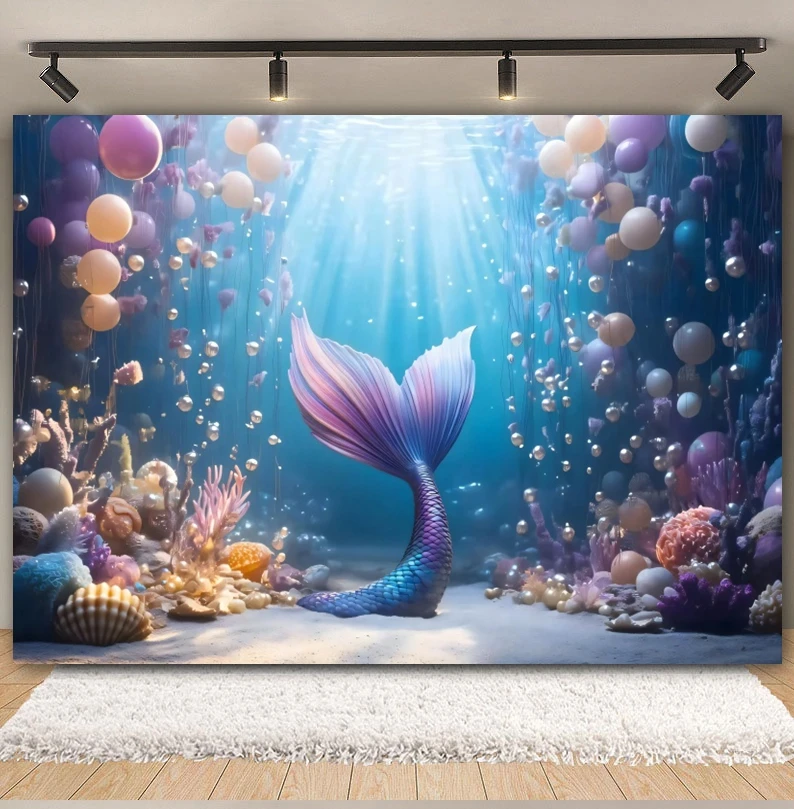 Mermaid Backdrop for Photography Underwater World Castle Seashell Princess Girl Birthday Baby Shower Cake Smash Photo Background