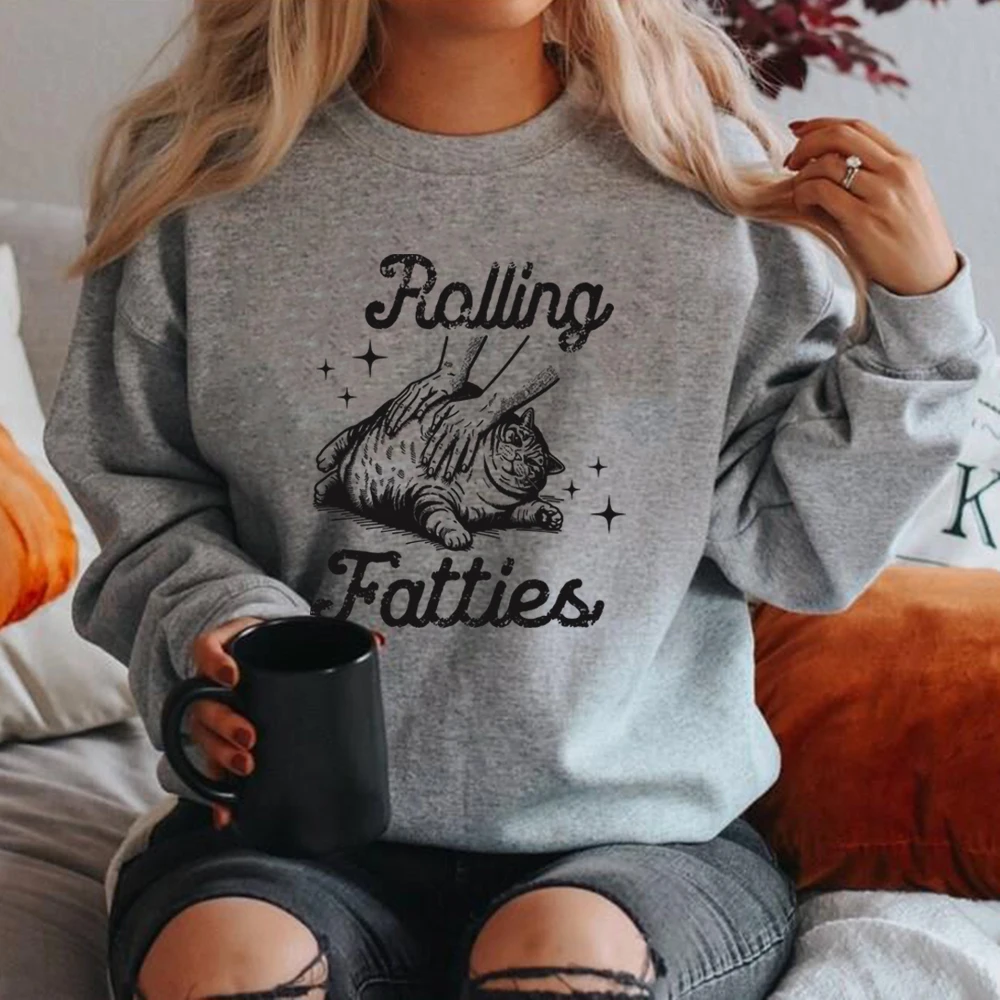 Rolling Fatties Cat Sweatshirt Funny Cat Graphic Hoodies Unisex Long Sleeve Sweatshirt Cat Lovers Gift Casual Crewneck Pullovers