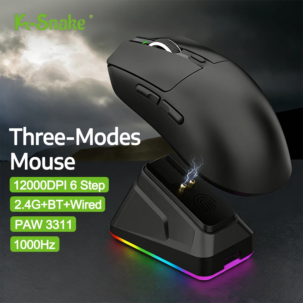 K-Snake Wireless Gaming Mouse 3 Mode Connect Bluetooth 2.4G Ergonomic 12000DPI Wireless Mouse with Charging Base Mous for PC