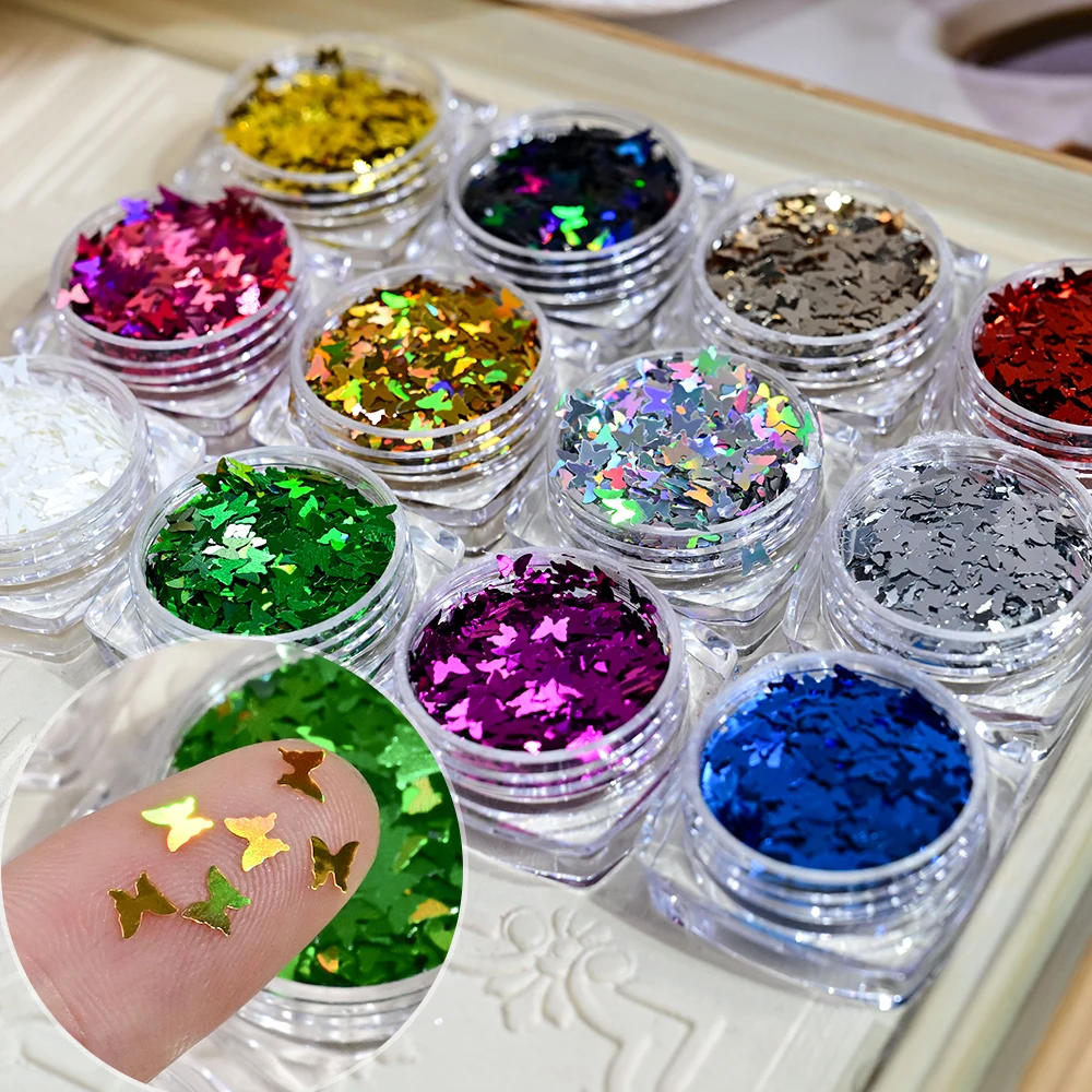 12 Pudełek/Zestaw Brokatowy Holograficzny Brokat do Paznokci z Efektem Motyla, Kolorowe Płatki, Nieregularne Kawałki