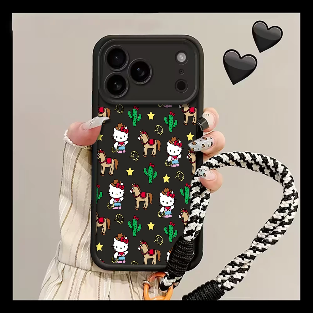 Funda Protectora para Teléfono con Correa de Muñeca Hello Kitty para iPhone 17 16 11 12 13 Pro Max 14 15 Plus ProMax XR 7 8 con Cordón, Cubierta Suave
