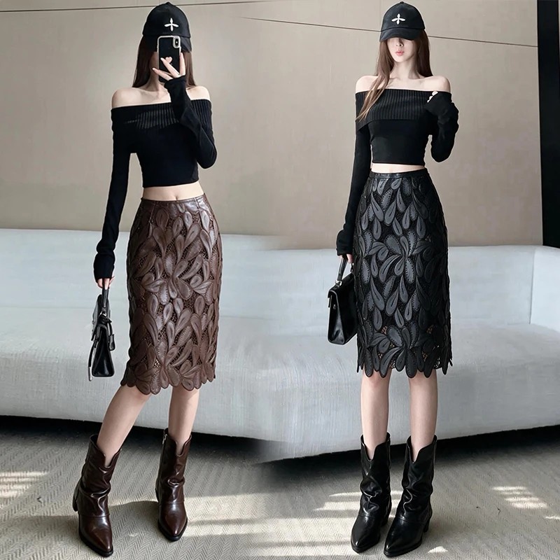 Brown Petal Hollow Embroidery Wrap Skirt High Waist Slimming Fashionable Mid-Length Women's Autumn New Style Commute Korean V...