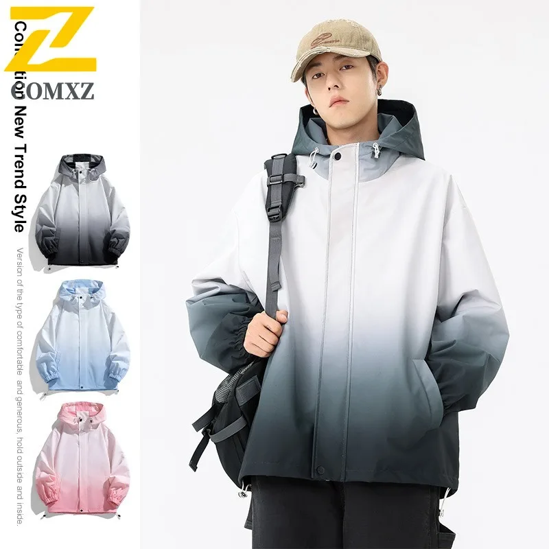 

COMXZ Mens Jackets Gradient Hooded Adventure Windbreaker Spring Autumn Oversize Plus Size Outdoor Climbing Lightweight Jacket